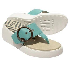 FLY LONDON Dafi SANDALS EU 41 10 10.5 Platform Wedge Thong Turquoise Leather NEW